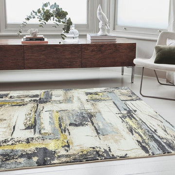 Orion OR03 Decor Modern Abstract Distressed Textured Soft-Touch Metallic Shimmer Yellow/Grey/Taupe/Cream Rug-Asiatic Carpets-Rug Love - The Most Loved Rug Store